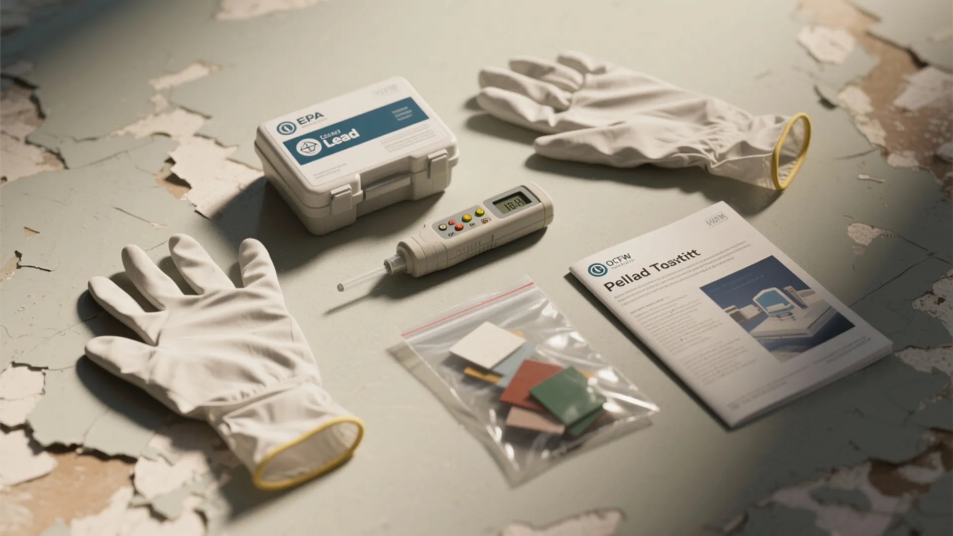 Lead testing kit including white gloves sensor device colored square samples and an instruction manual booklet