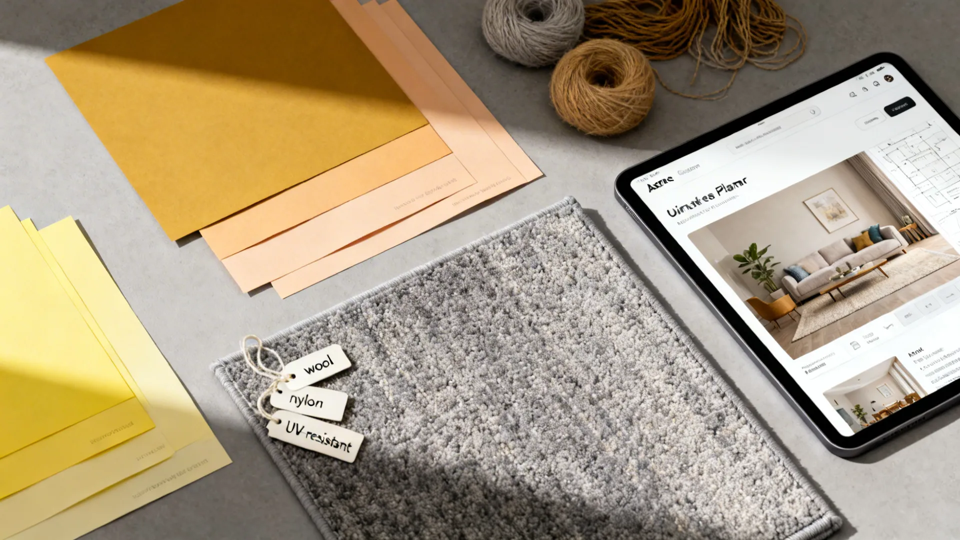 Flatlay of rug and fabric swatches, fiber tags, and a tablet with a room planner illustrating rug choices