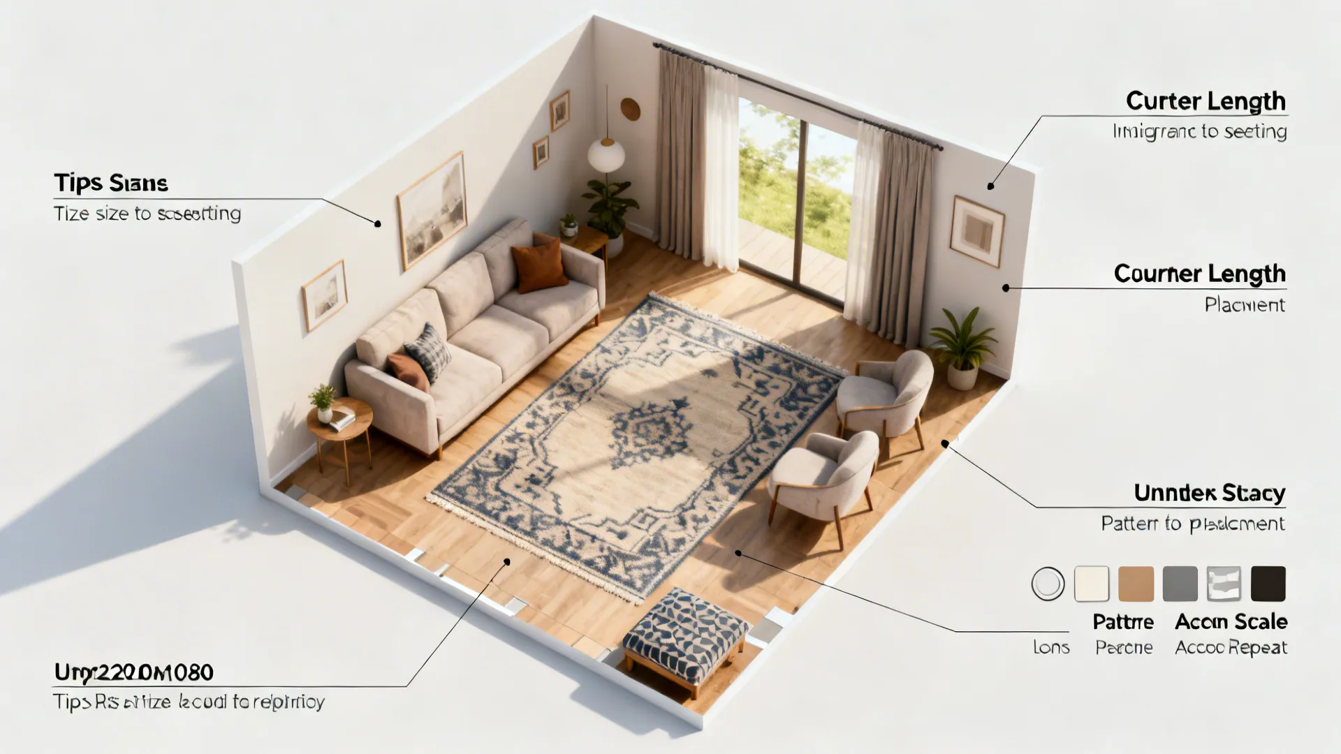 Top-down living room plan showing rug-to-seating proportions and curtain tips with labeled icons.