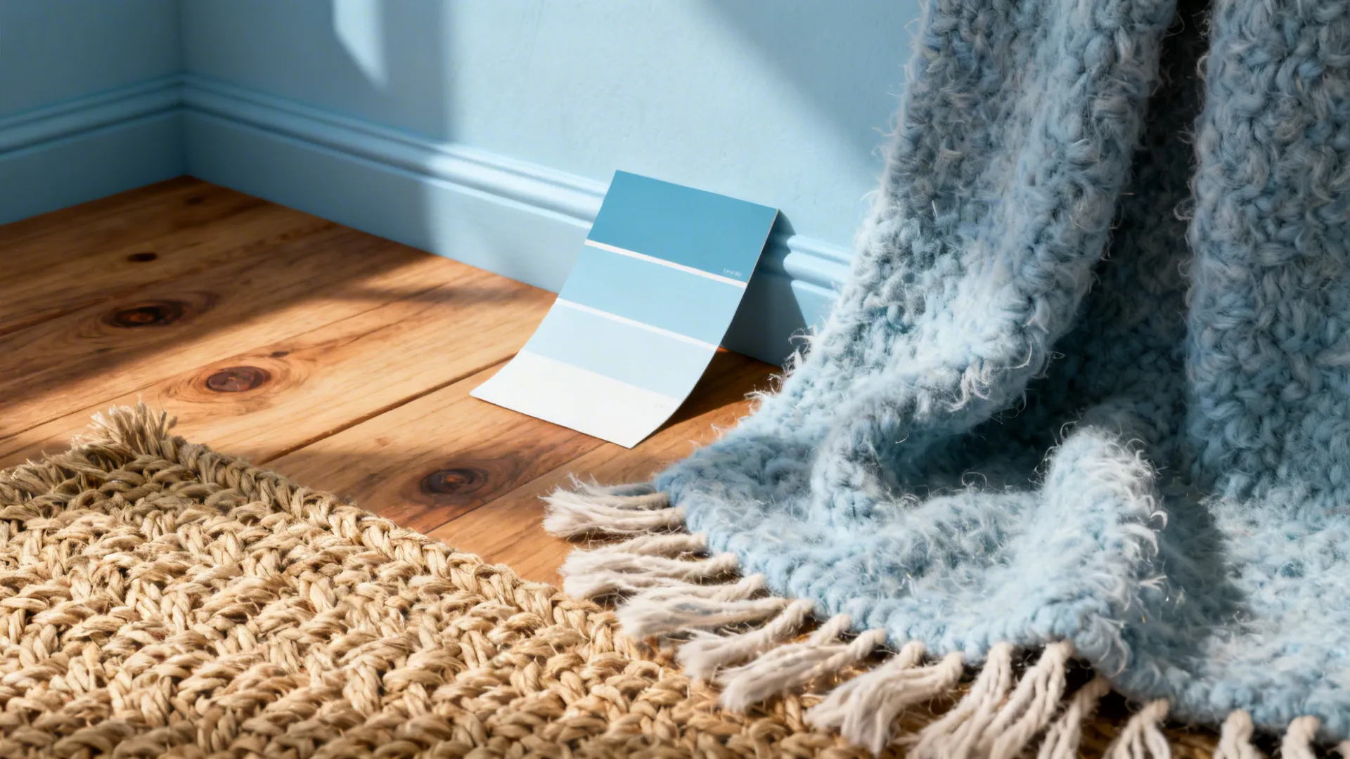 Macro detail of warm textiles and paint swatches to show how to add warmth to a light blue room.