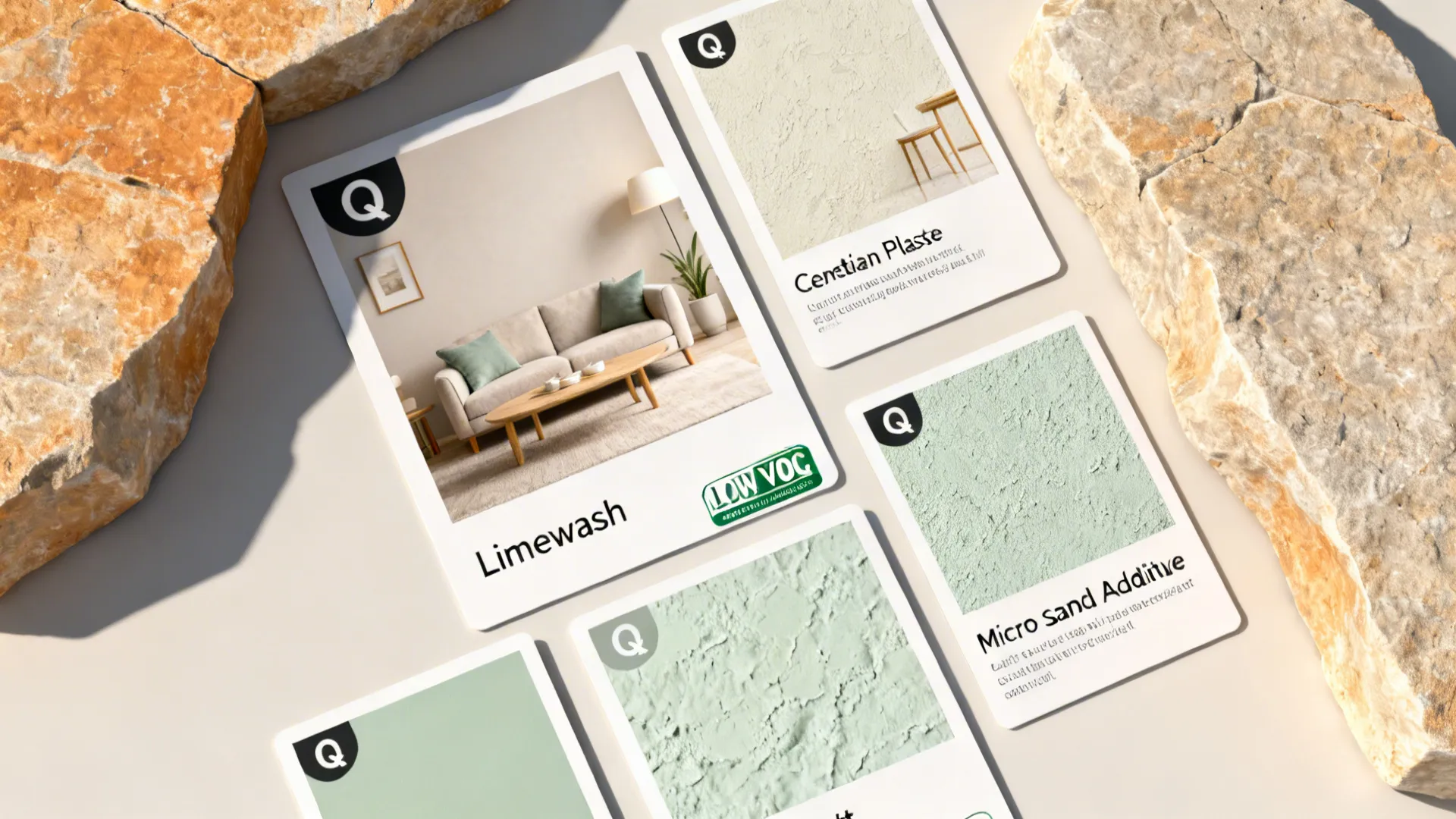 Top-down flat lay with texture swatches, finish samples, and low-VOC notes.