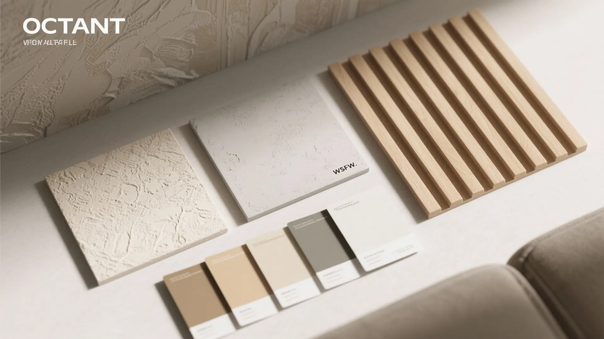 Interior design material kit including stone samples and wood slats with various natural color cards