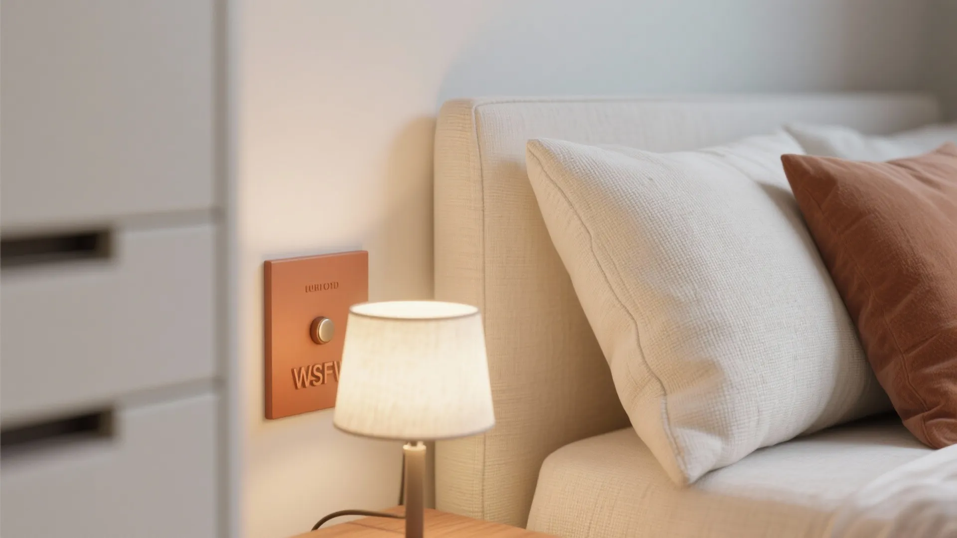 Bedroom detail showing white bed with pillows, small table lamp, and light switch on wall