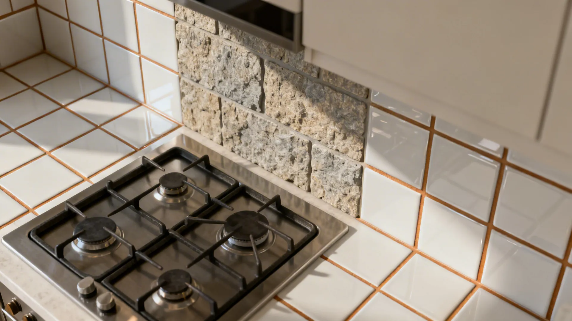 Top-down backsplash plan showing a textured focal zone and smoother tiles unified by grout color.