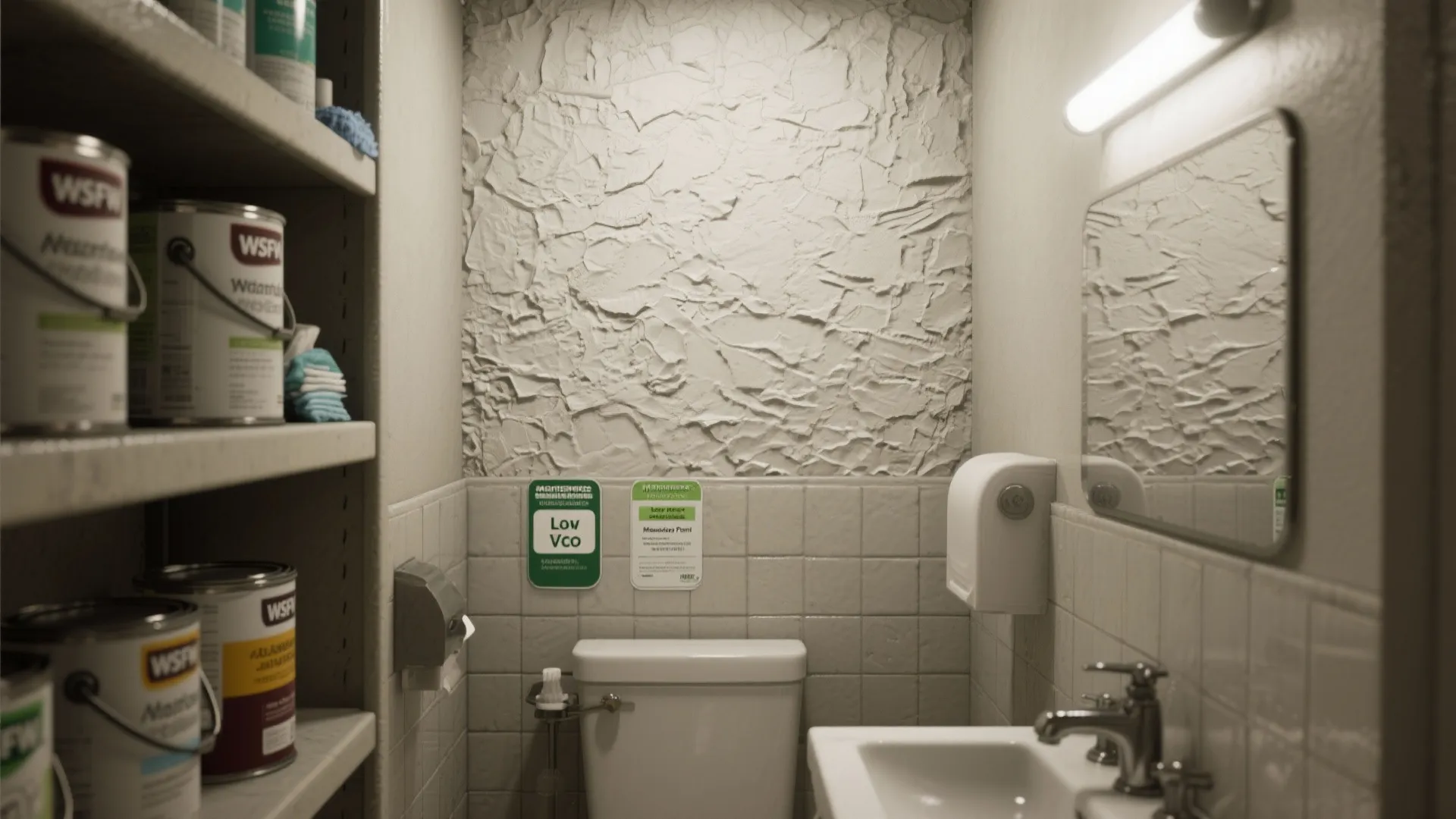 Small bathroom with white toilet sink mirror wall light and paint cans on side shelves