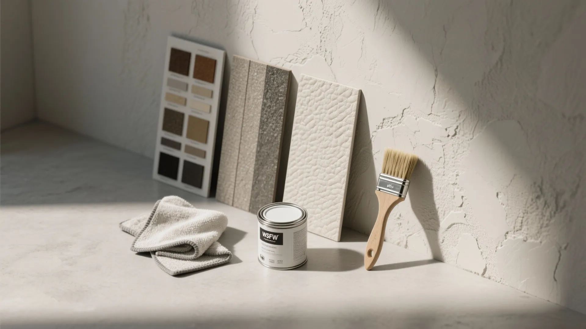 Paint can, brush, cloth, and material samples placed against a light colored and textured wall