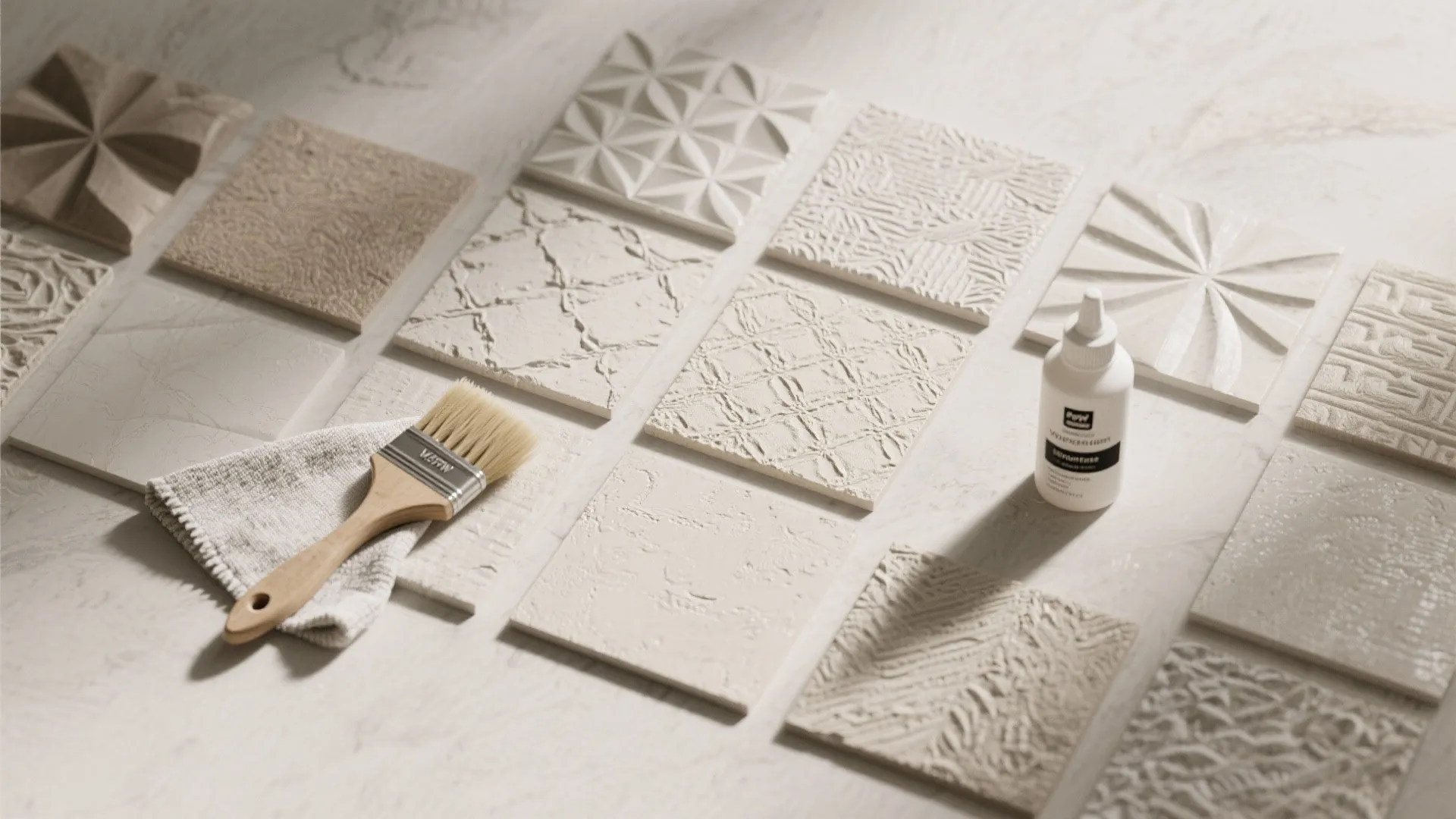 Display of square tiles showing different wall textures with a paint brush and white bottle