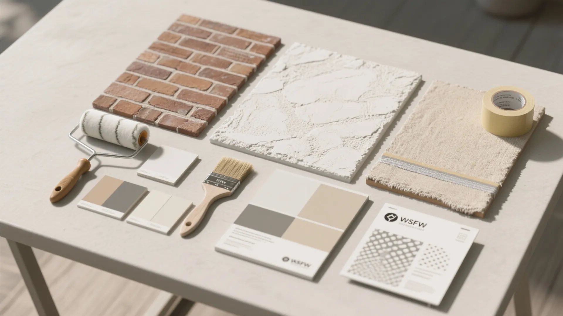 Interior design samples showing brick wall white texture fabric paint swatches roller brush and tape