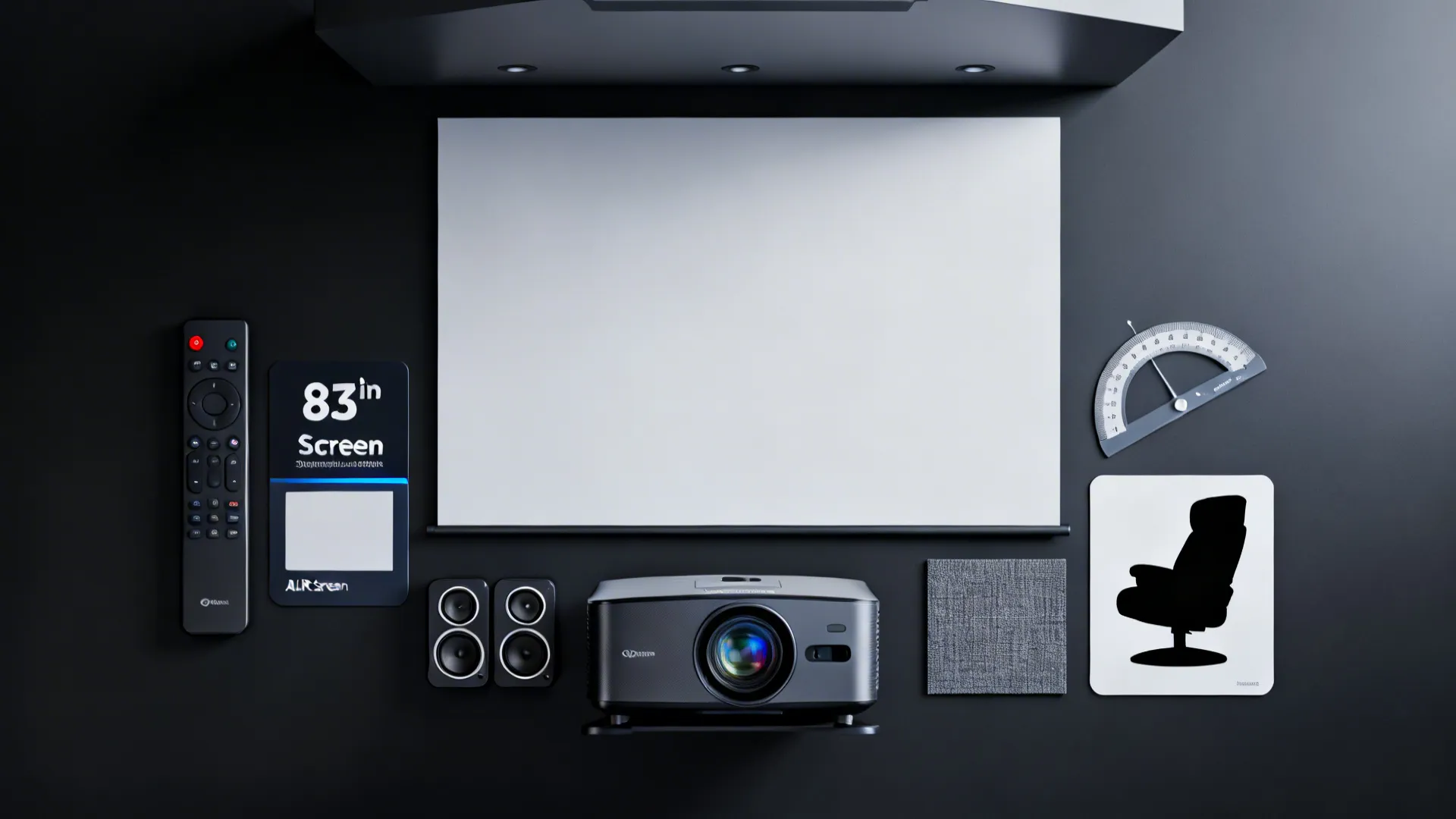 Flat lay of projector, screen sample, dual subs, angle tool, panel fabric, and recliner icon for 12x10 theater tips.