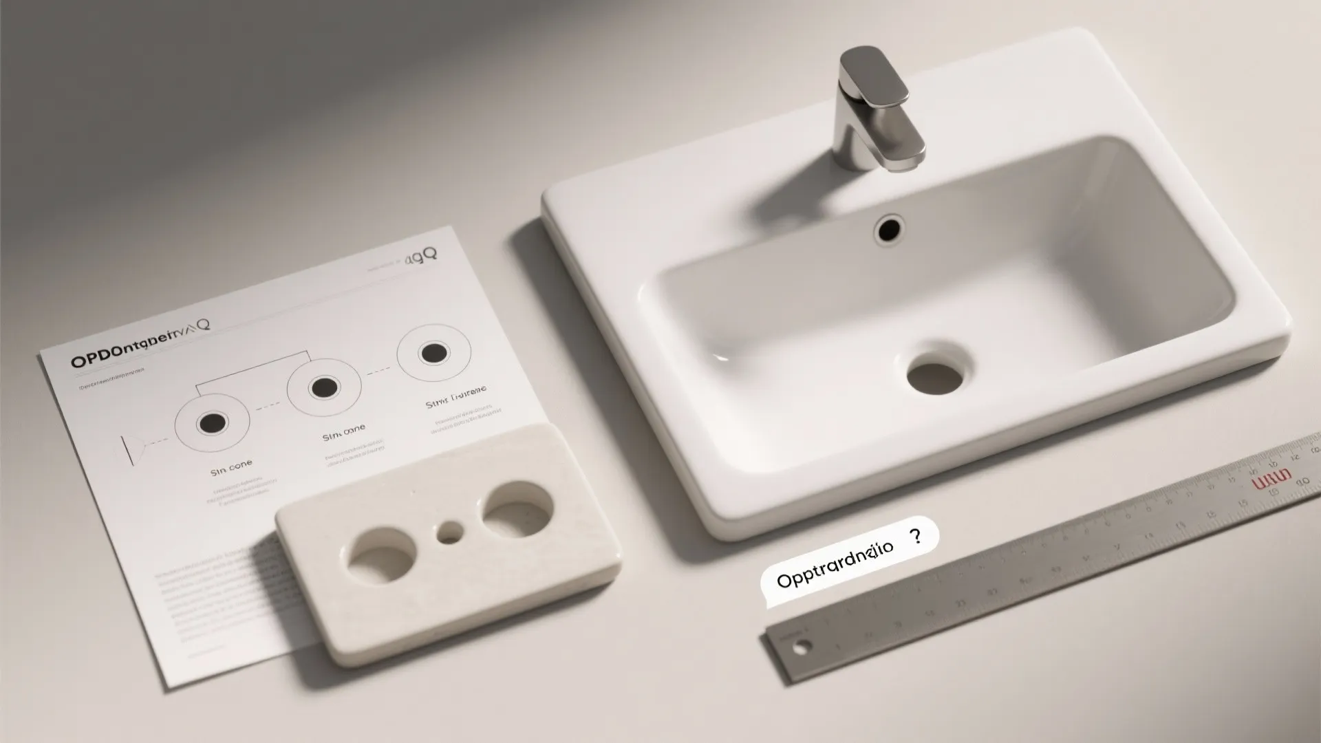 White bathroom sink with faucet next to a diagram showing three hole sink layout options