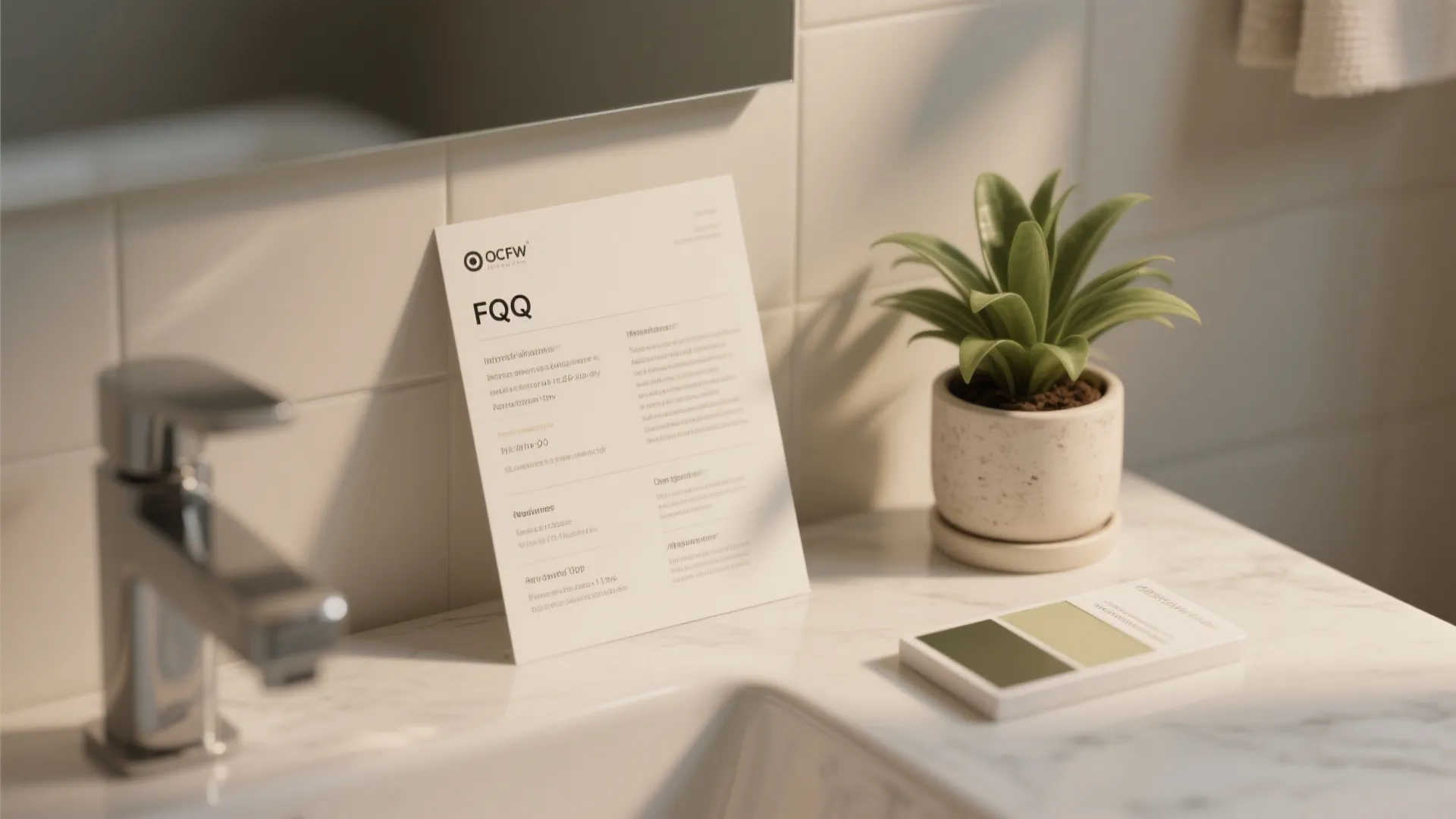 FAQ card on a bathroom vanity beside paint samples and a plant, representing common questions about painting tile