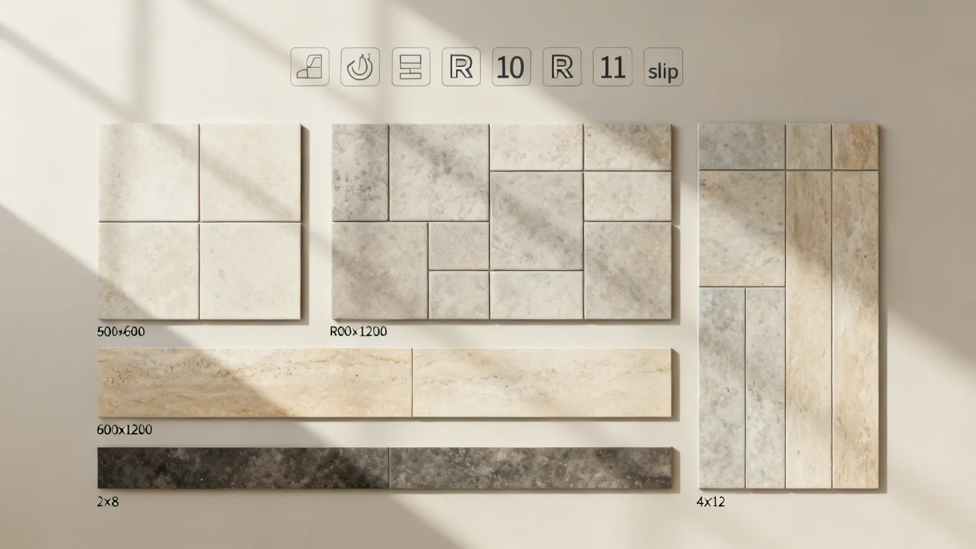 Top-down display of common kitchen tile sizes and formats for floors and walls.