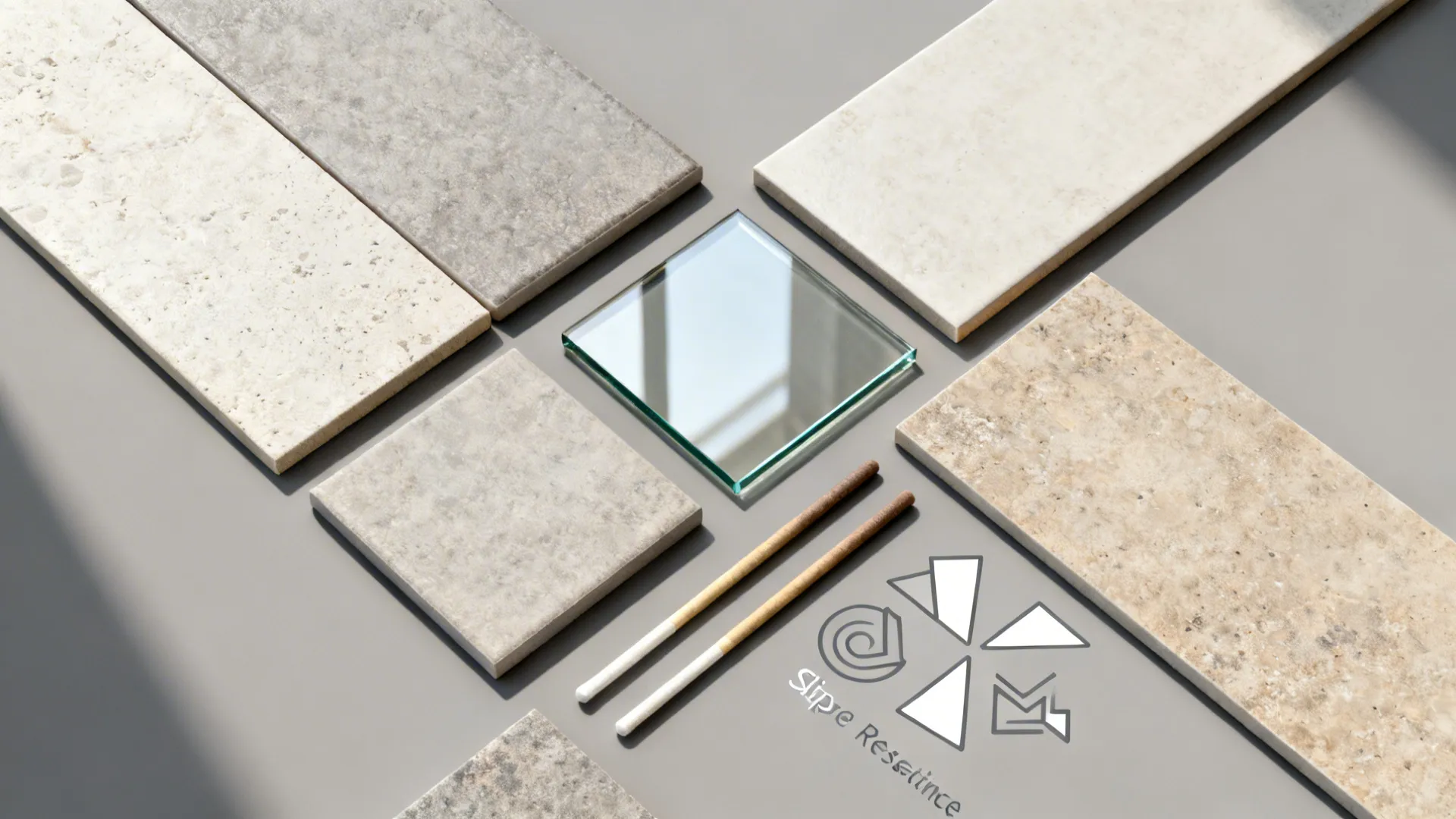 Flat lay of porcelain, quarry, glass panel swatches and epoxy grout sticks for FAQ context.