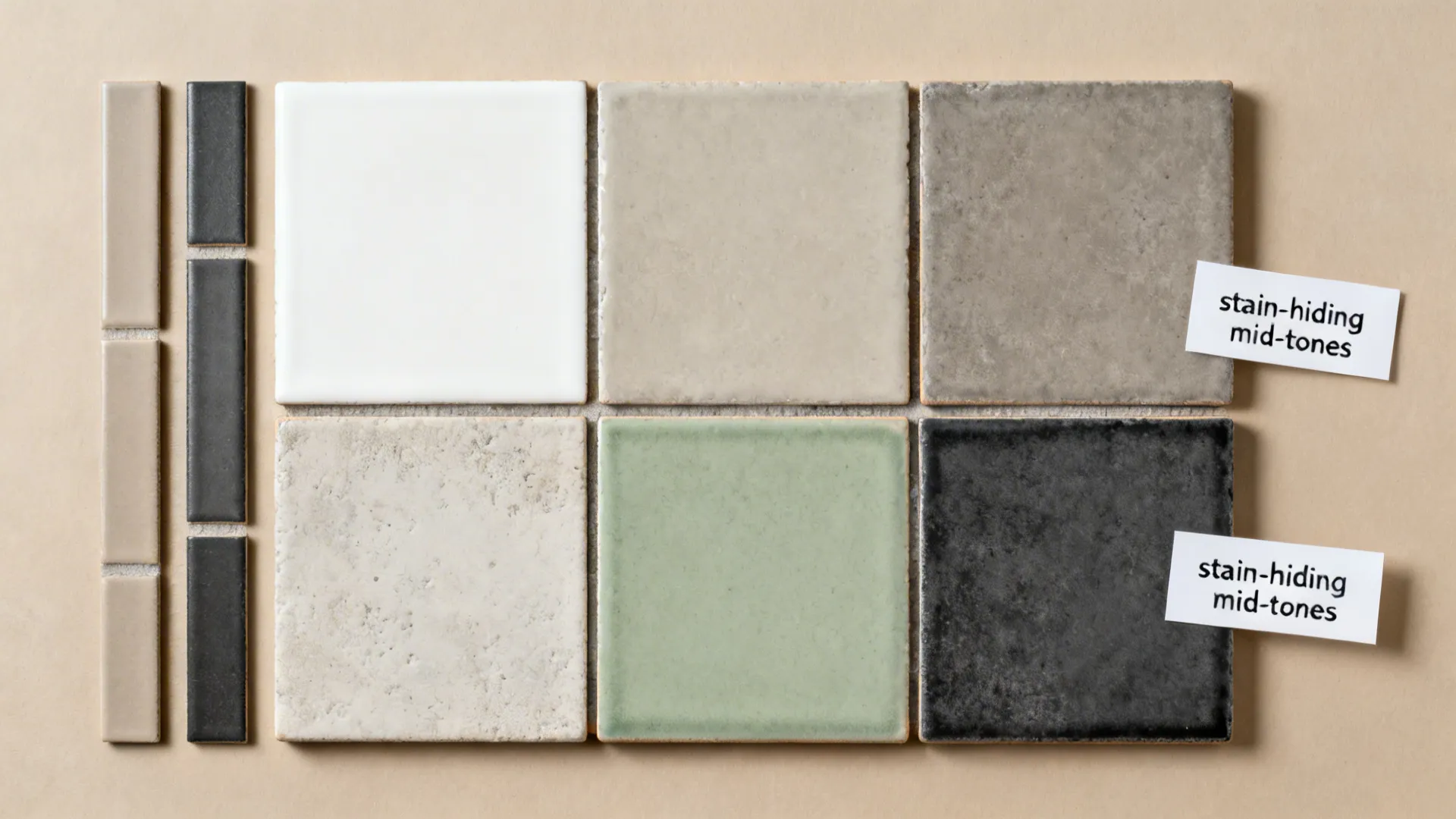 Top-down comparison of warm white, greige, sage, and charcoal tiles with grout options.