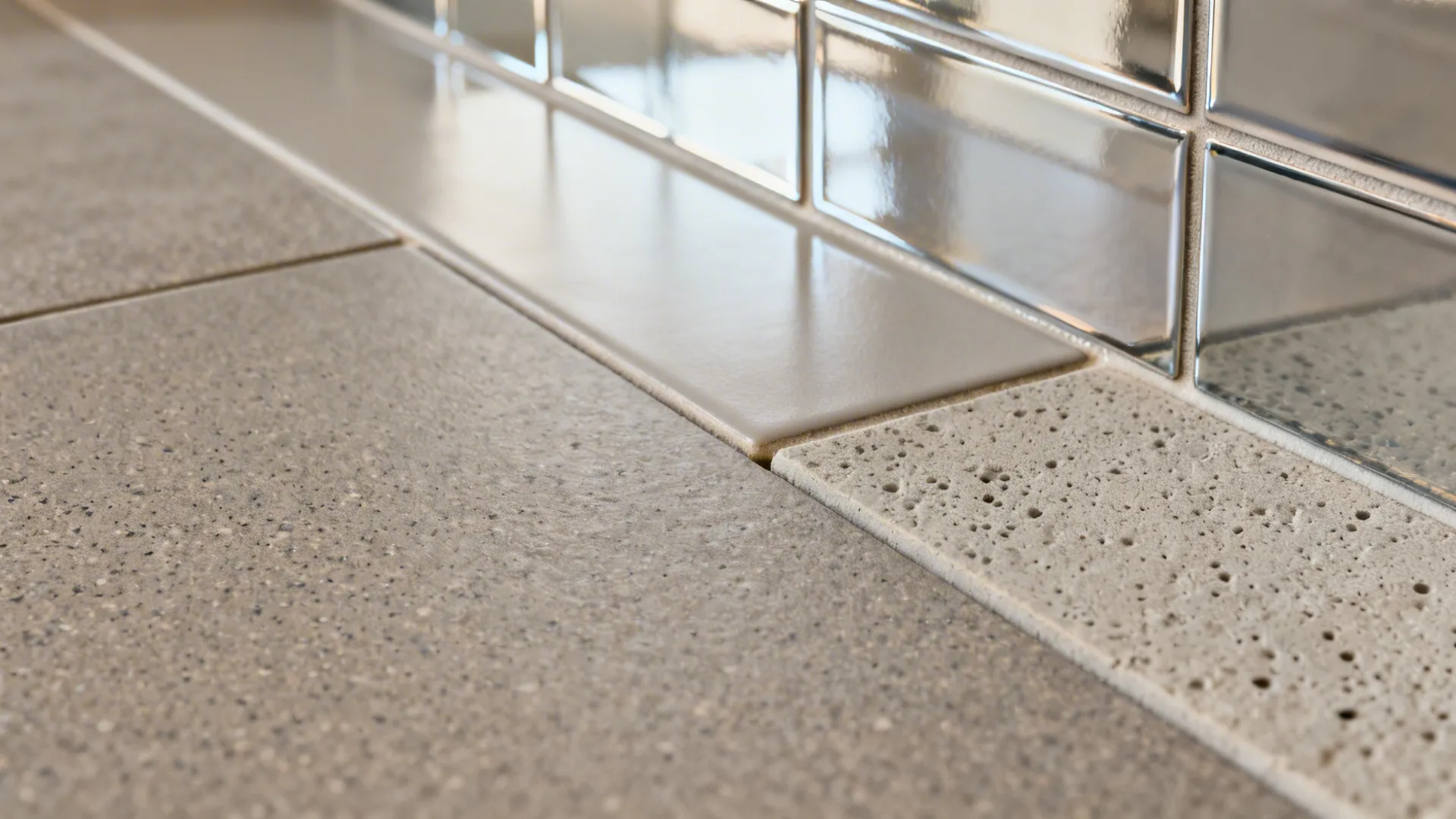 Macro comparison of matte R10 floor, glossy backsplash, and warm grey epoxy vs cement grout.