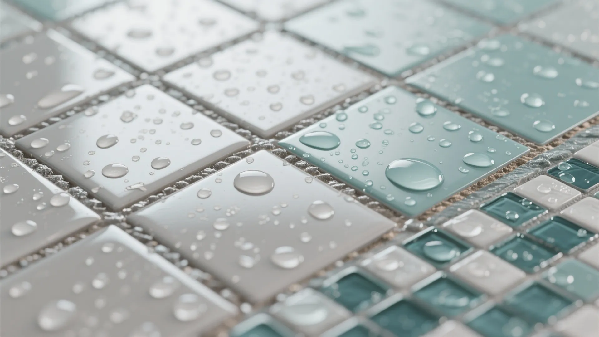 Close up view of white and light blue square tiles with clear water droplets on
