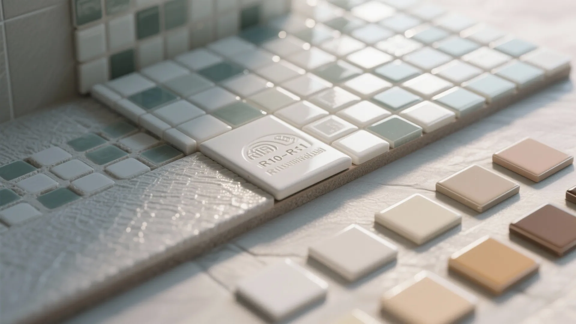Assorted square wall tiles in green white and beige colors for interior home design projects
