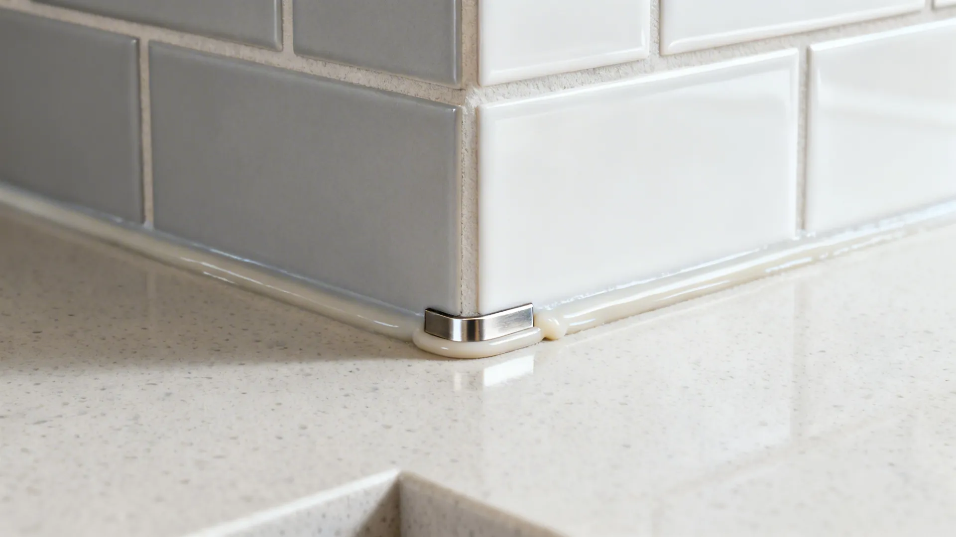 Macro views of backsplash details: counter joint, inside corner caulk, and metal edge trim.