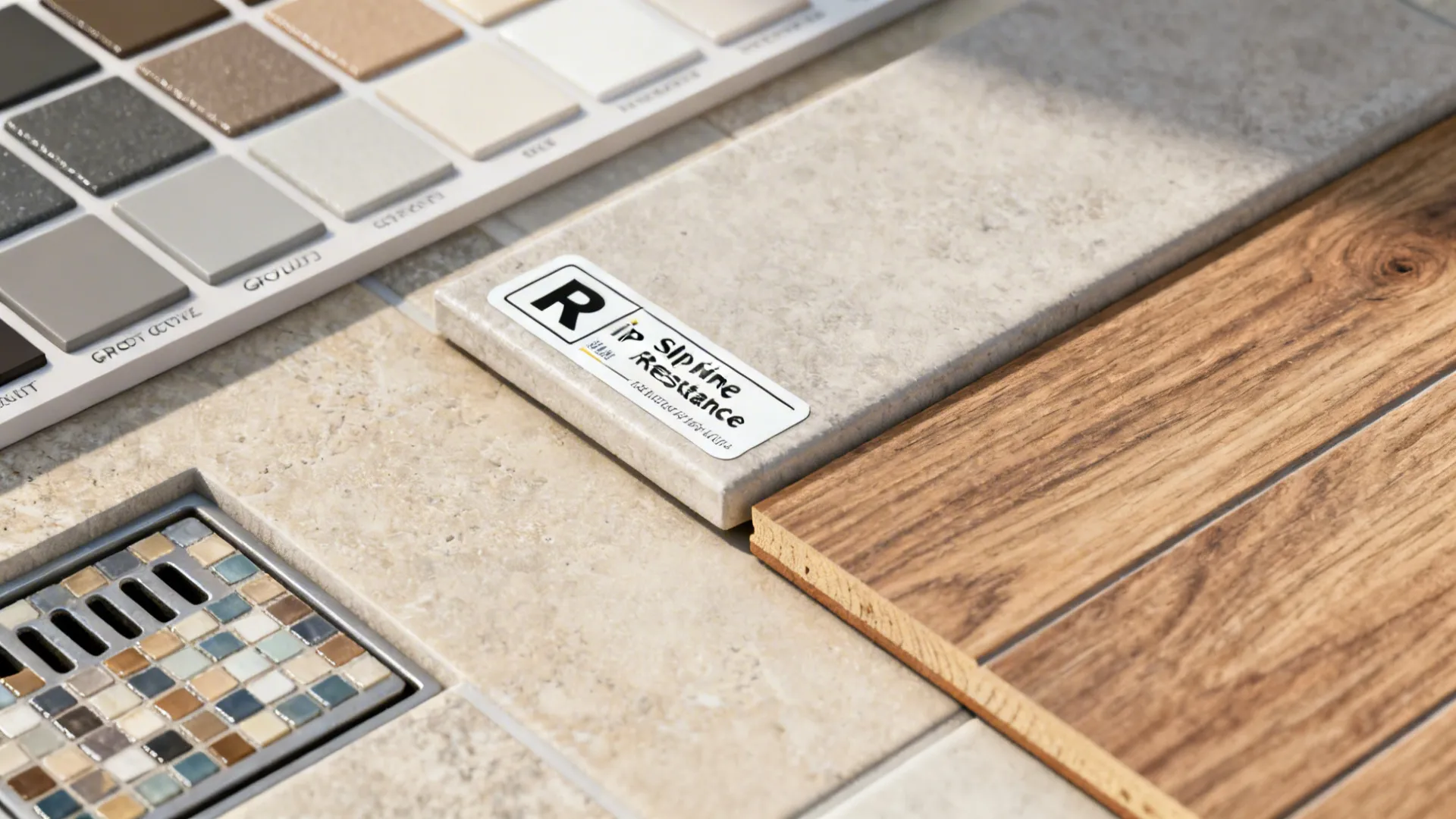 Collage of grout samples, slip-resistance label, porcelain plank edge and mosaic drain detail