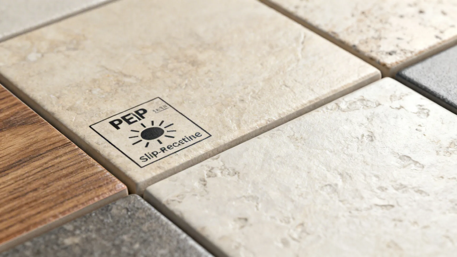Beige and grey floor tile samples showing a slip resistance rating icon for home safety