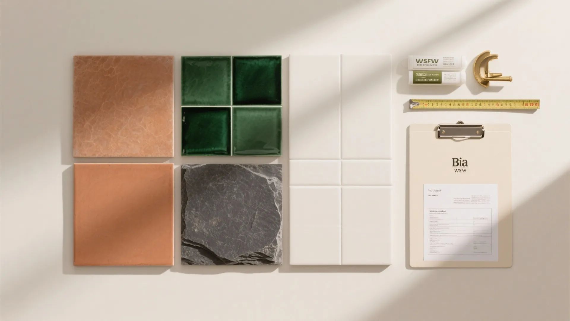 Colorful wall tiles arranged with a clipboard and a yellow measuring tape on plain background