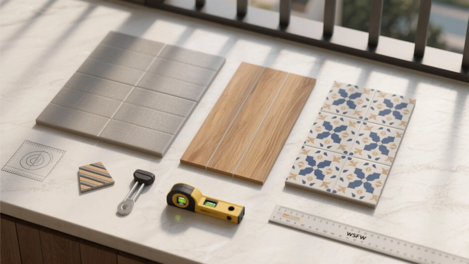 [
  {
    "url": "https://coohom-biz-sg-s3.coohom.com/ins/static/article/faq-tile-flatlay-1759574883228516400.jpg",
    "alt": "Grey tiles wood floor samples and patterned tiles next to a level and metal ruler"
  }
]
