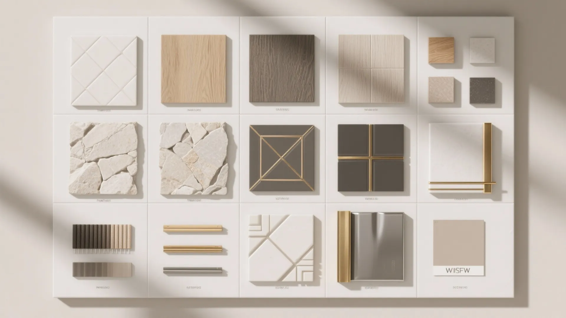 Collection of interior design material samples including wood, stone, tiles, and decorative metal trim strips
