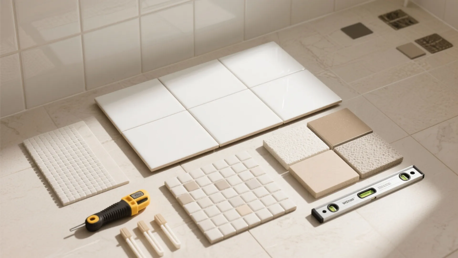 Various white and beige floor tiles with small mosaic samples and home repair tools renovation
