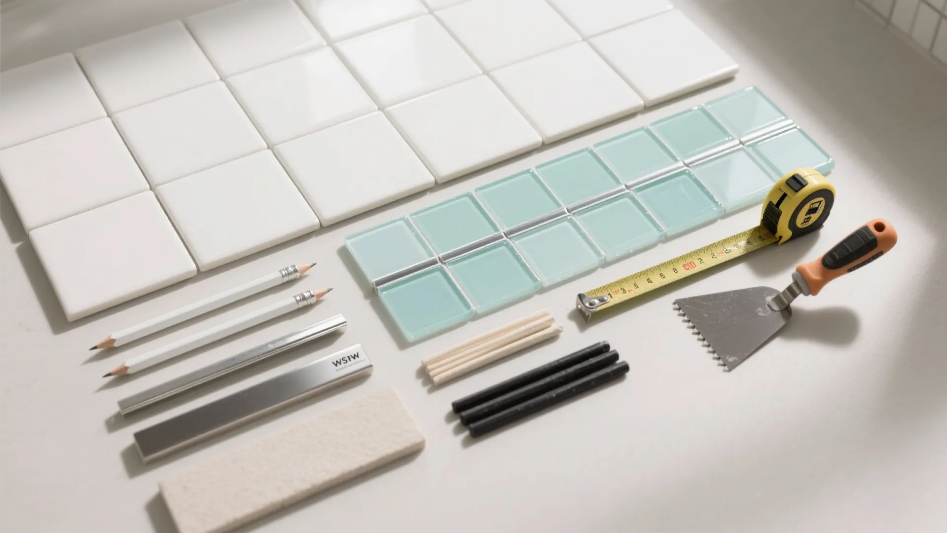 Tiling tools and materials including white tiles blue glass tiles measuring tape pencils and trowel