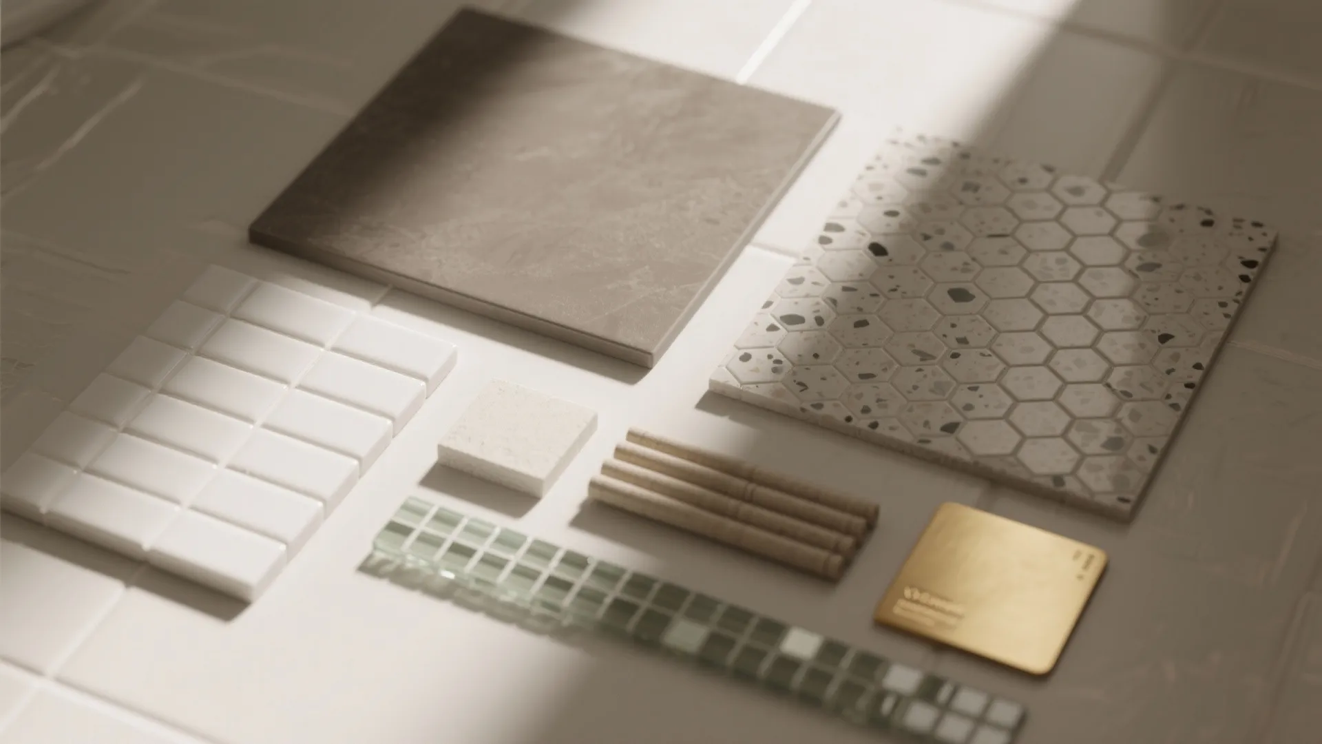 Material board with square tiles hexagon patterns stone samples and metal gold finish in natural light