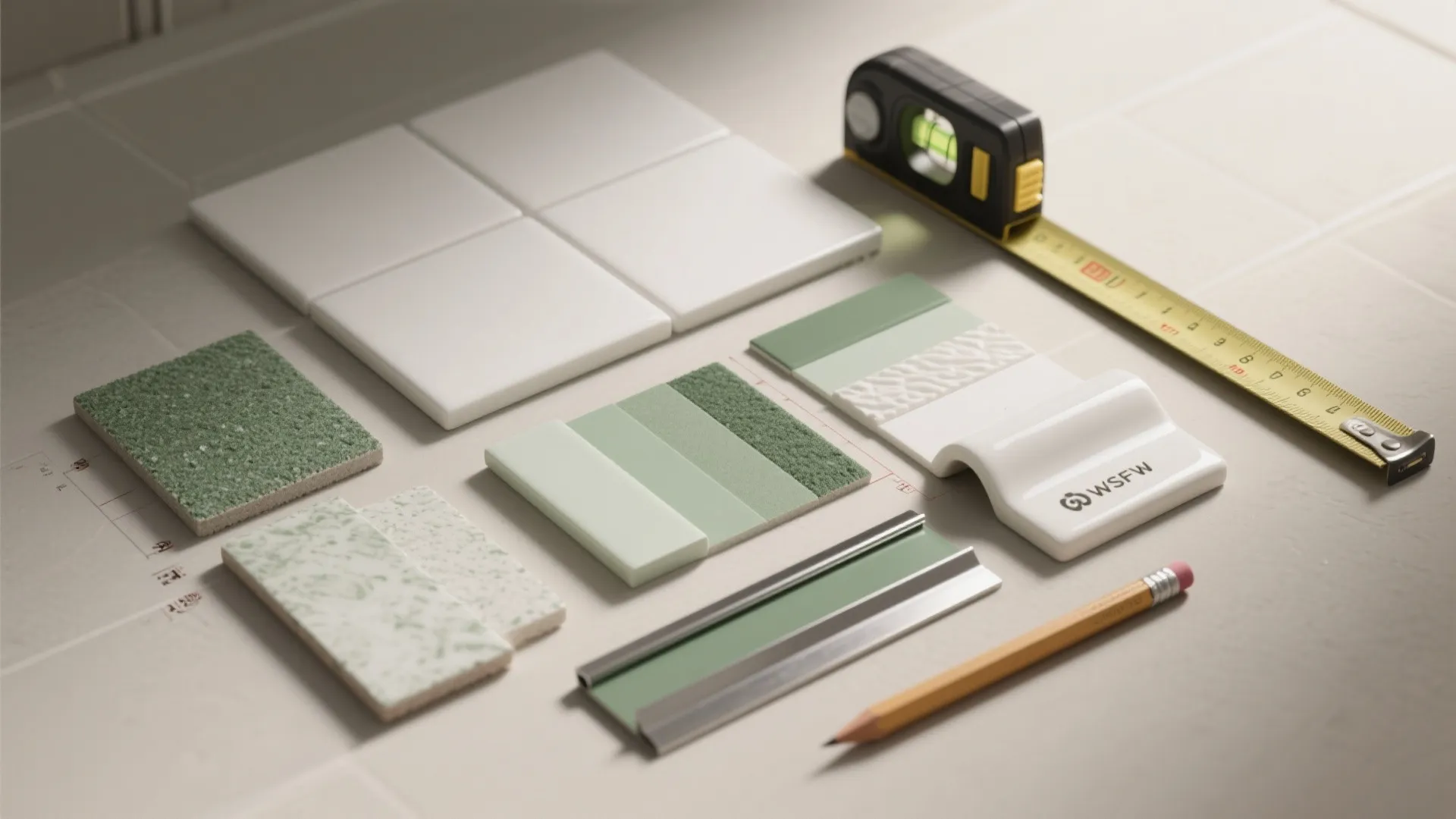 Various green and white tile samples with measuring tape and pencil on a light surface