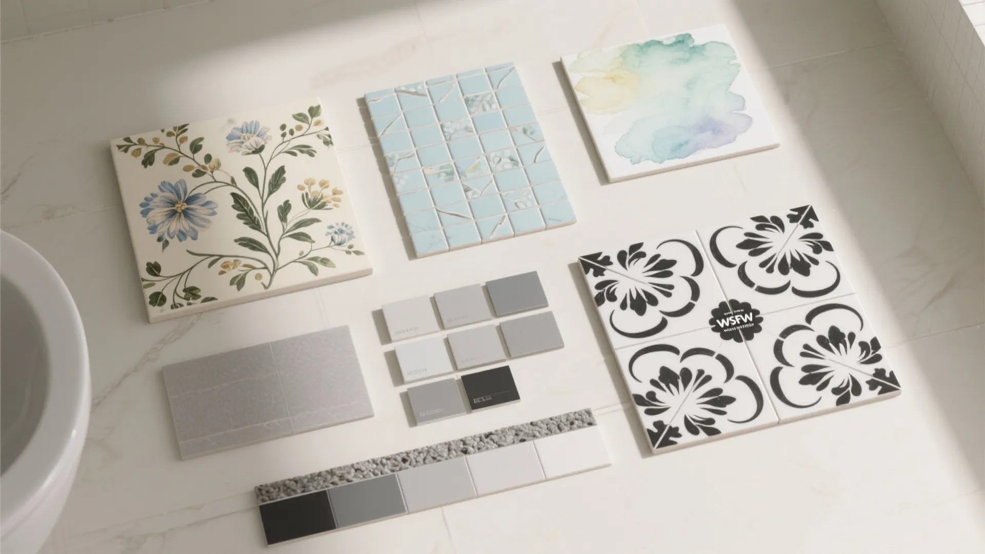 Flat lay of floral tile samples, grout swatches, and finish options for planning a bathroom.