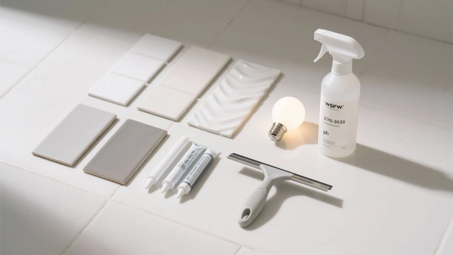 Collection of bathroom cleaning tools with spray bottle light bulb squeegee and white floor tiles