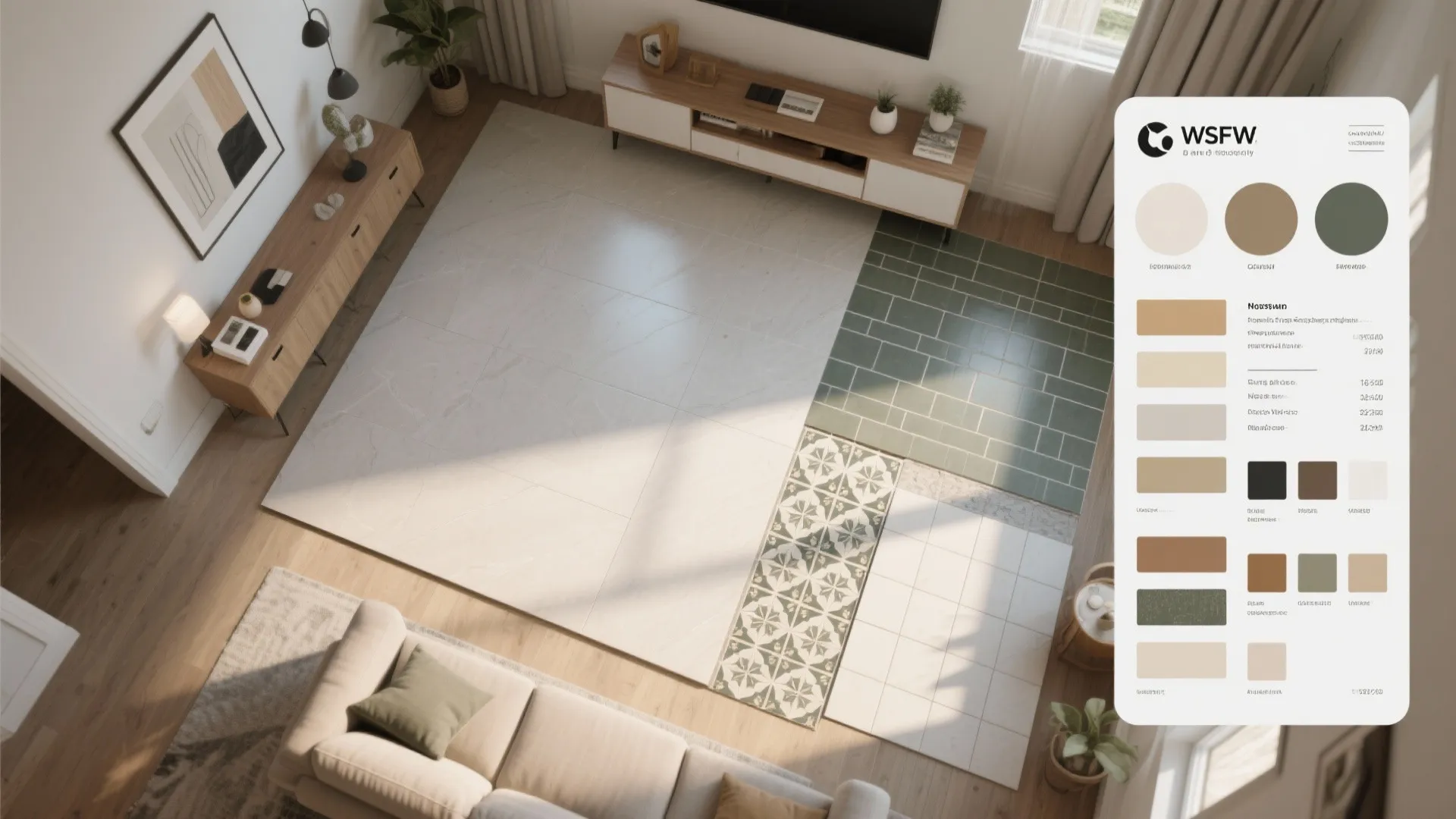 Top-down layout board showing tile size options, grout swatches and installation notes