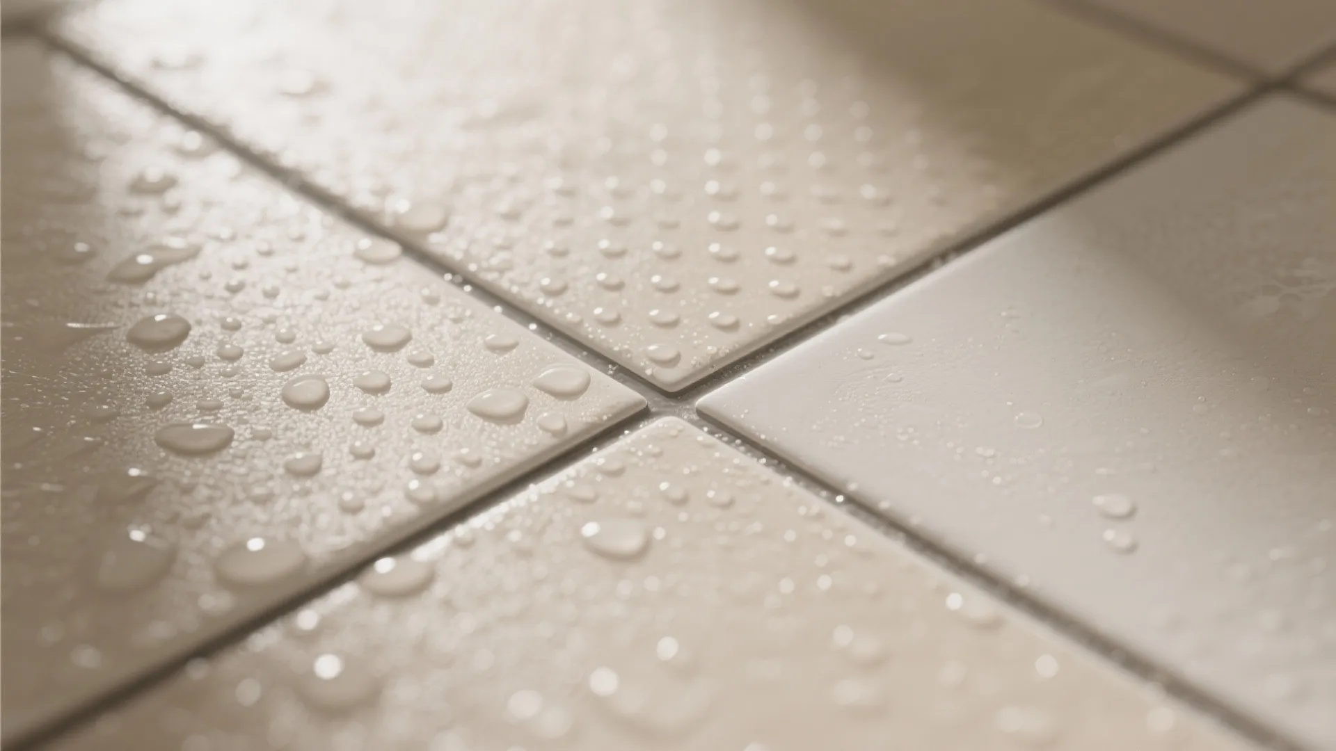 Close up view of water droplets on non slip white square bathroom floor tiles with grout