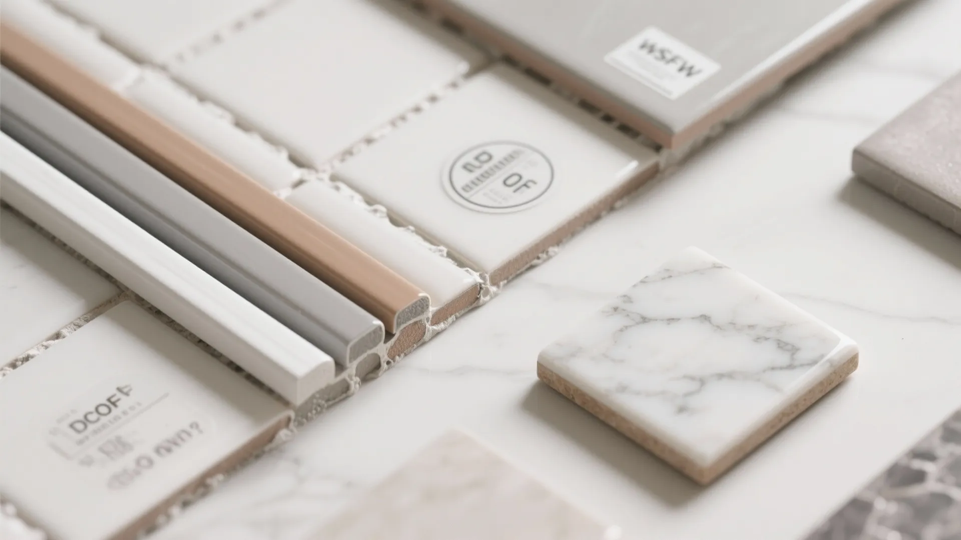 Macro of grout sticks and white tile finishes showing options for color, texture, and slip resistance.