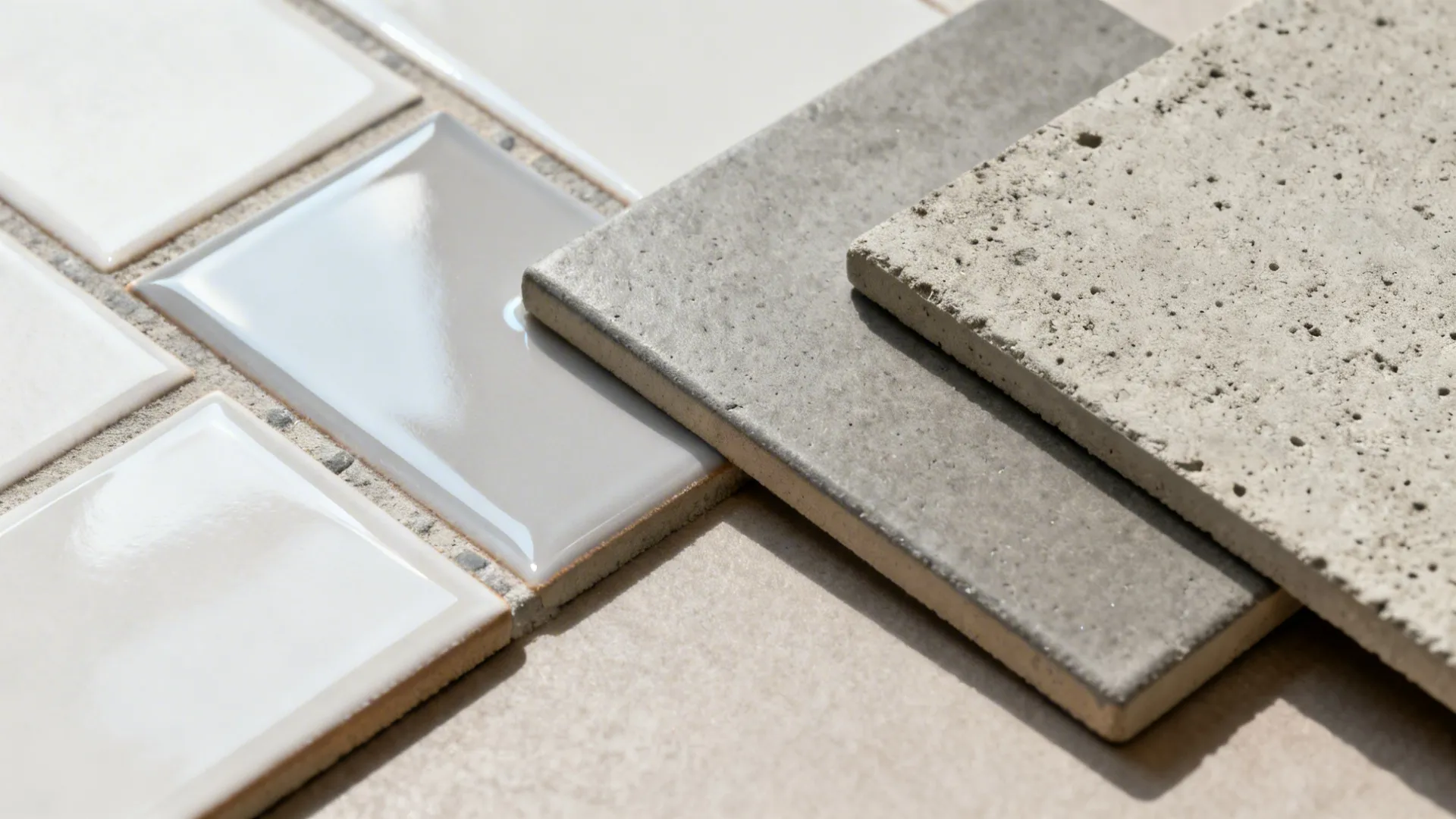 Macro samples comparing glossy, satin, and matte inserts with grout options and cement alternatives.