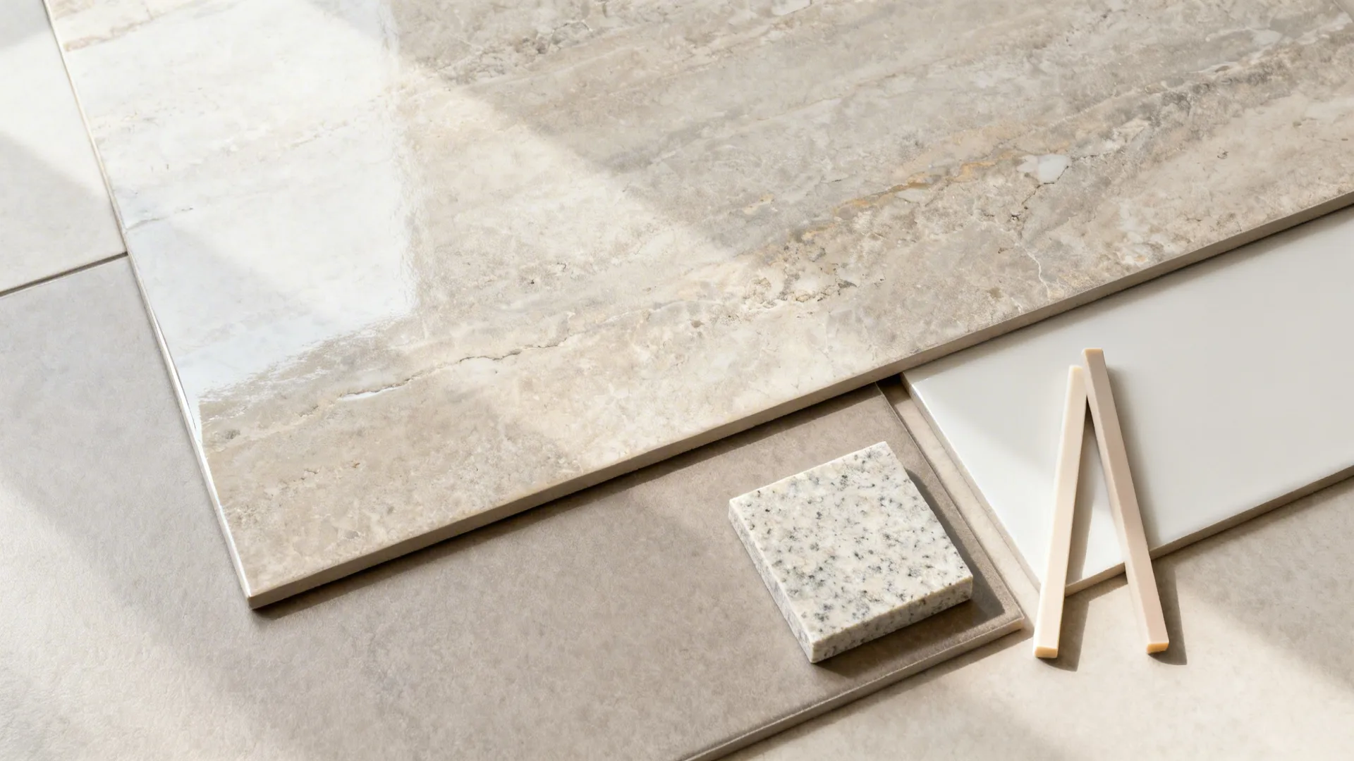 Top-down board with matte porcelain, glazed ceramic, large-format porcelain, and quartz samples.