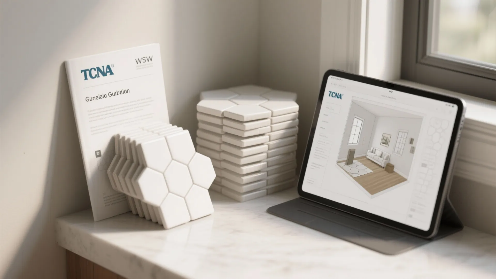 Tablet displaying interior design drawing next to stacks of white hexagon tiles on marble counter