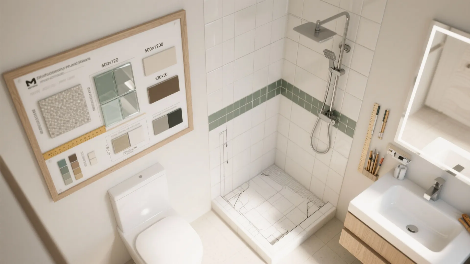 Top-down board showing tile sizes, matte and glossy zones, grout choices, and an L-shaped shower plan.
