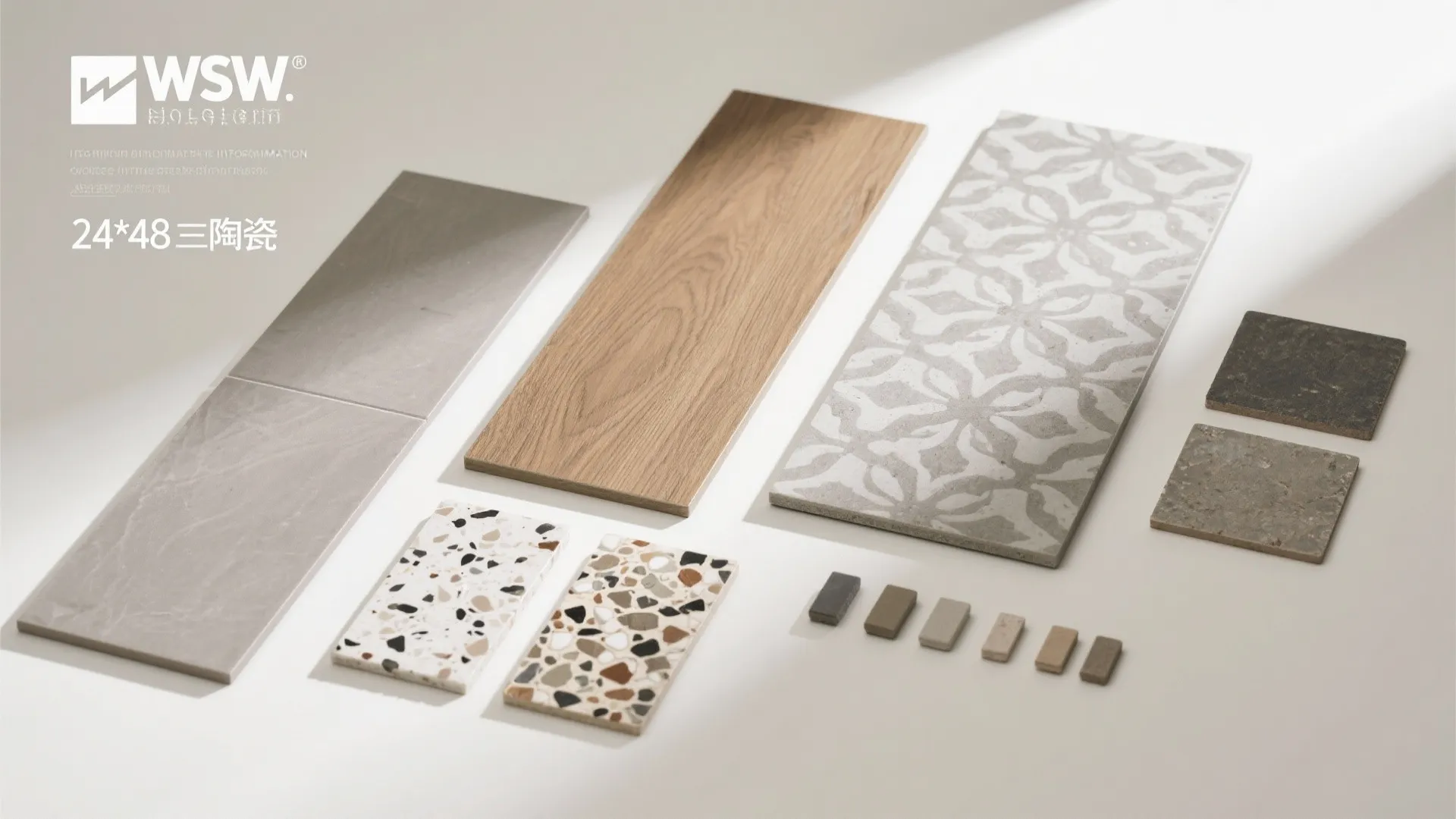 Various ceramic tile samples including wood grain patterns patterned designs and speckled stone textures on display