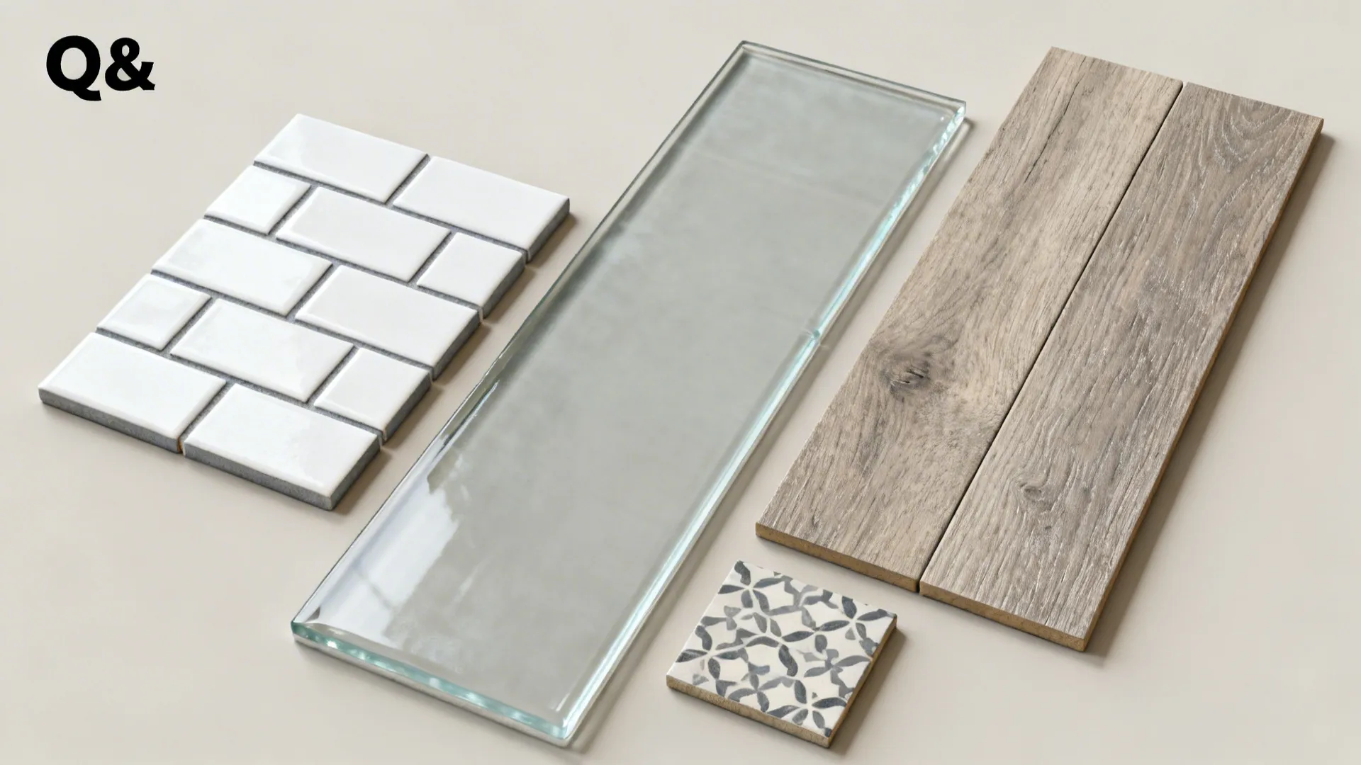Selection of building materials with white wall tiles wood floor samples and a long glass panel