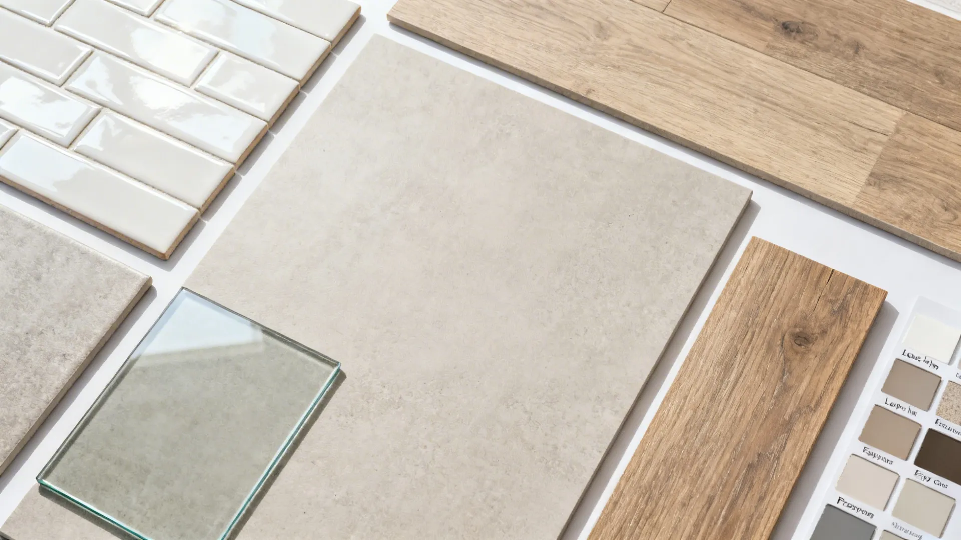Flatlay of backsplash, glass panel, matte floor tile, wood-look plank, and grout samples.