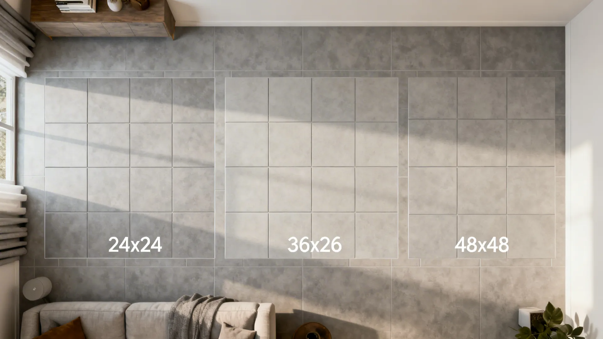 Top-down comparison of different large-format tile sizes with tight grout in a living room plan.
