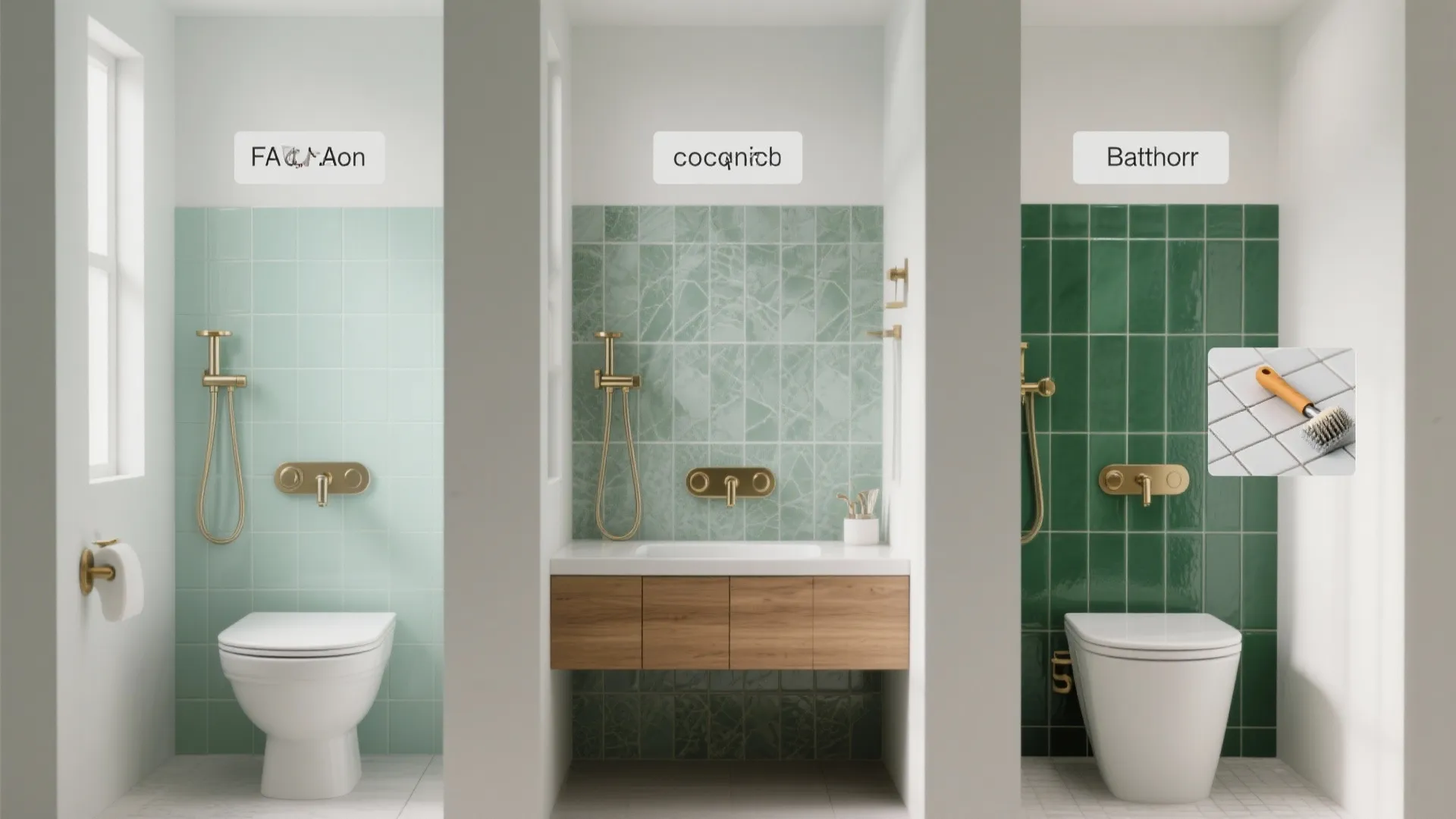 Three bathroom views showing green wall tiles white toilets wood cabinets and gold water fixtures