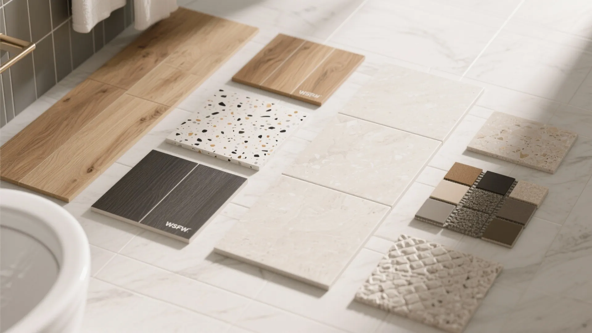 Various material samples including wood and stone floor tiles arranged on a white bathroom floor