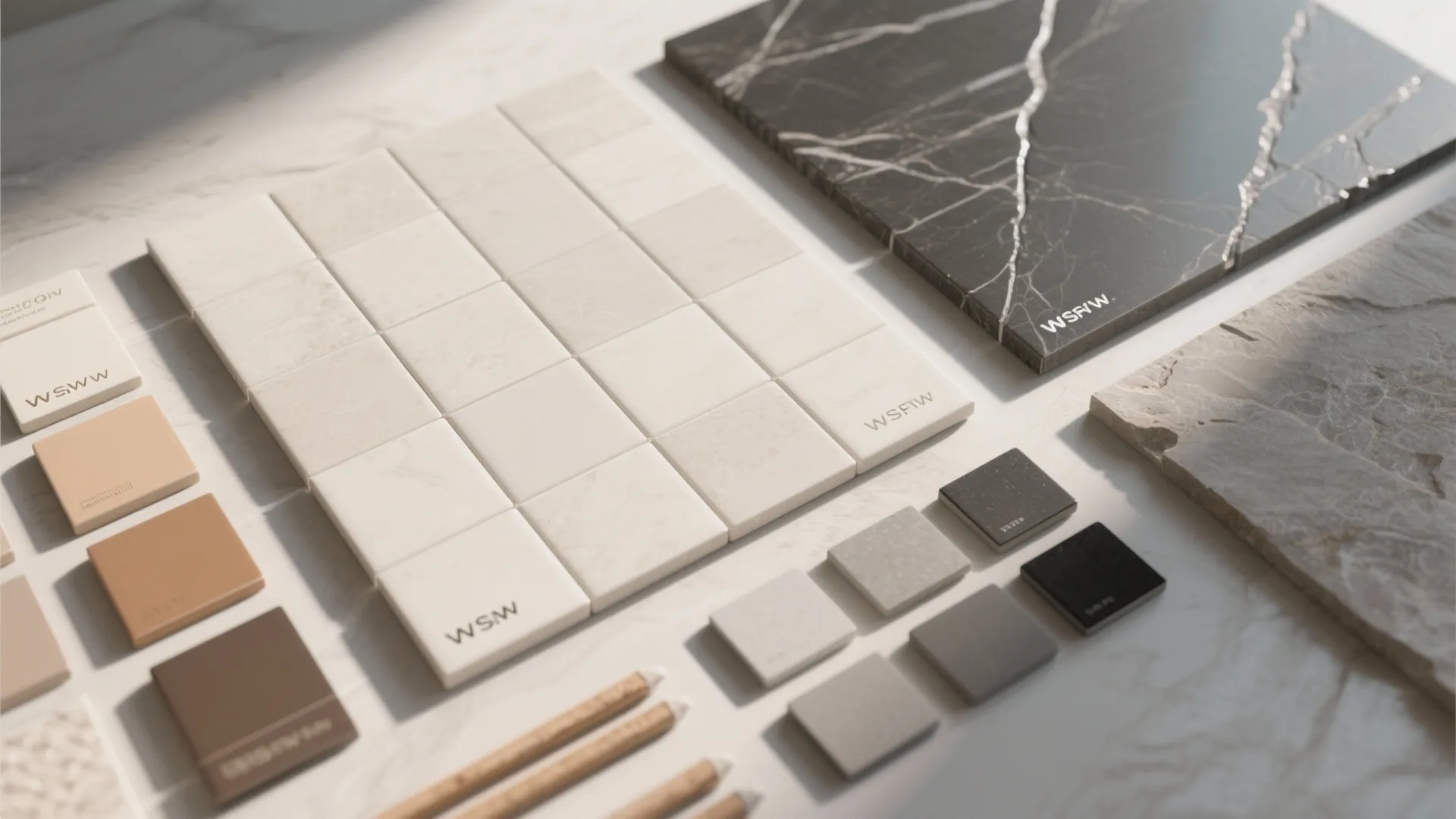 Collection of various floor tiles and stone material samples for modern interior design project planning