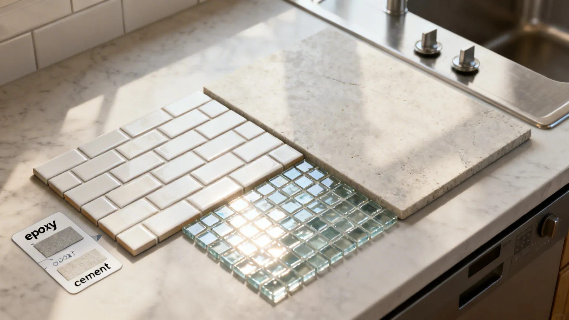Top-down comparison layout of tile-size options and grout types for small kitchens.