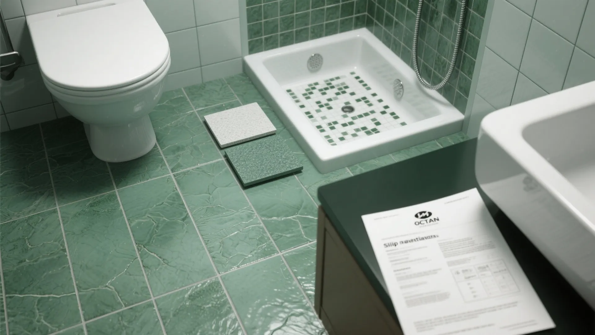 Close up of green bathroom floor tiles with white toilet and shower tray and samples