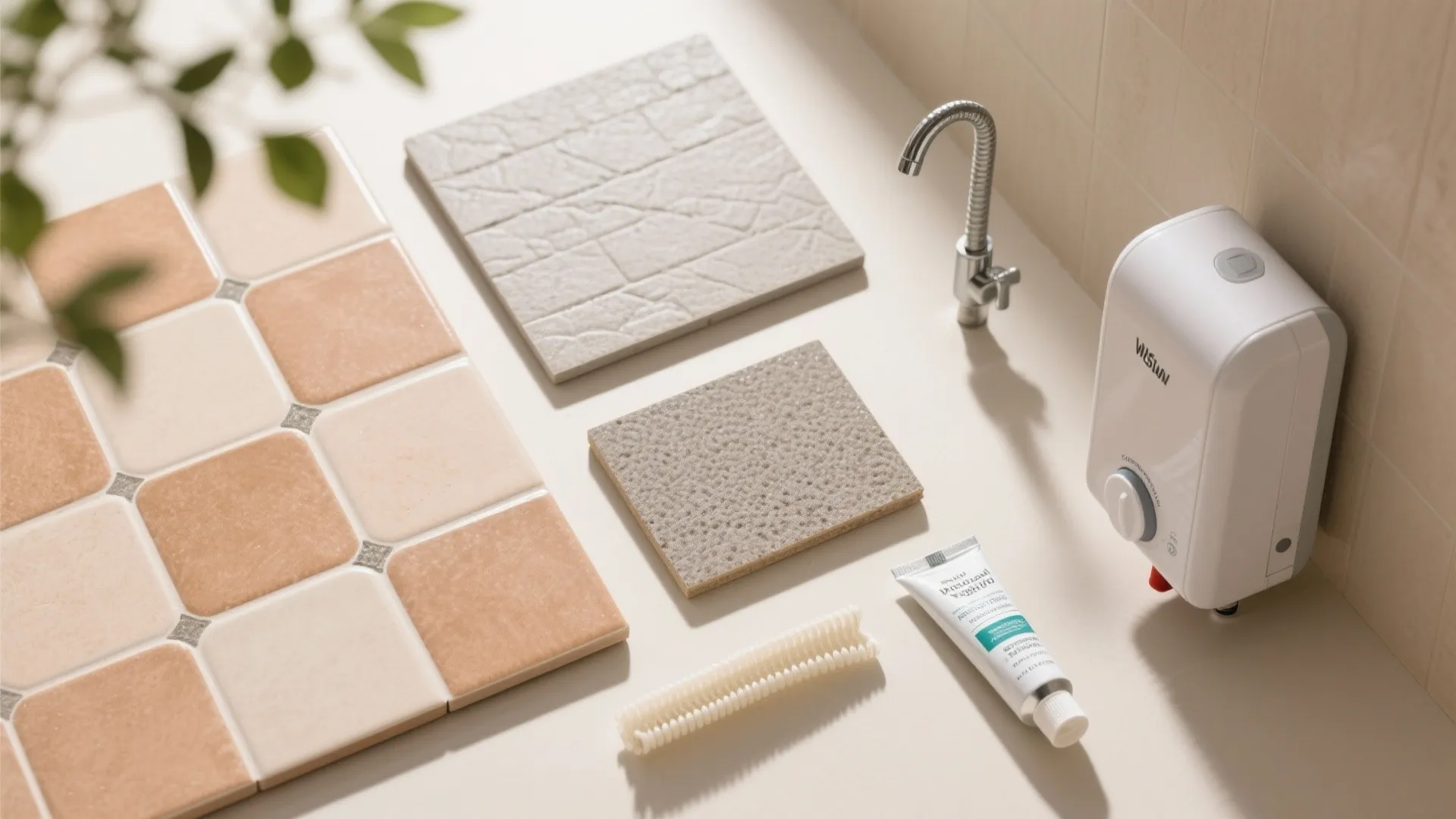 Display of various bathroom floor tiles wall samples metal water tap and small white heater